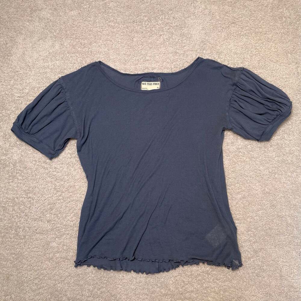 We the Free Puff Sleeve Lettuce Trim Ribbed T Shirt M Boho Romantic 90s Feminine